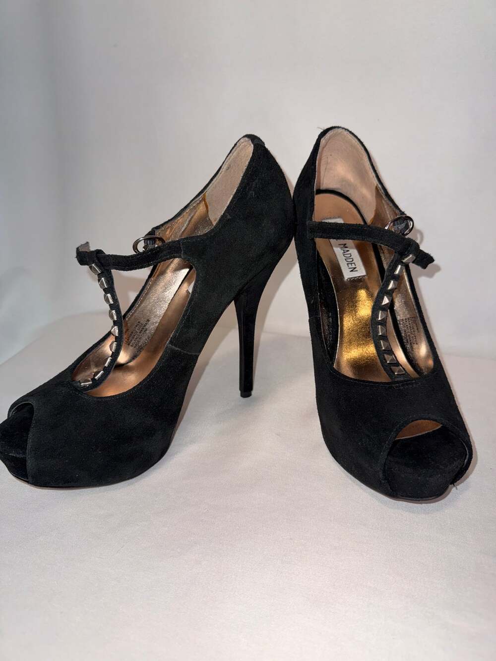 Steve Madden Women’s Black Suede Peep Toe Platform T-Strap Heels Size 6.5